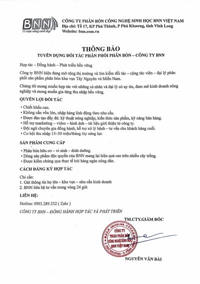 THÔNG BÁO TUYỂN DỤNG ĐỐI TÁC PHÂN PHỐI PHÂN BÓN
